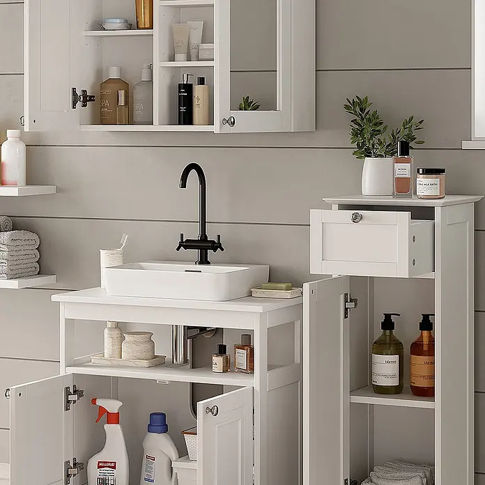 Vicco Badmöbel-Set Vanity Weiß 3 Teile - Weiß, Matt - Weißer Badezimmerschrank mit Aufsatzwaschbecken und schwarzem Wasserhahn, Medizinschrank und hohem Stauraum, alles zur Badorganisation.