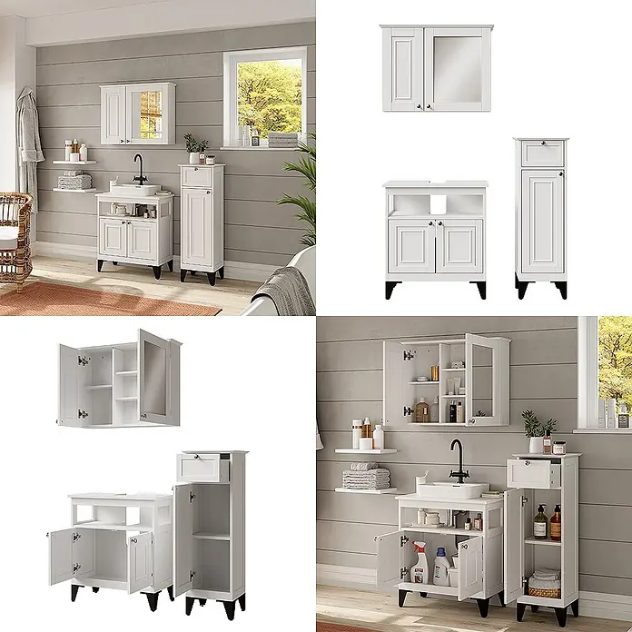 Vicco Badmöbel-Set Vanity Weiß 3 Teile - Weiß, Matt - Weißes Badmöbelset mit Waschtischunterschrank, Hochschrank und Spiegelschrank, in einem modernen Badezimmer gezeigt.