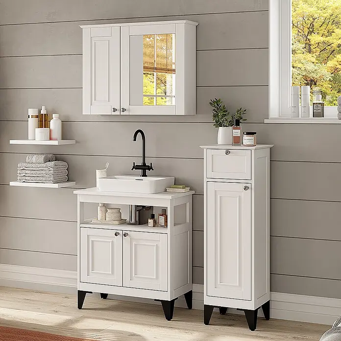 Vicco Badmöbel-Set Vanity Weiß 3 Teile - Weiß, Matt - Weißes Badezimmermöbel-Set: Waschtisch mit Aufsatzwaschbecken, hoher Schrank und Spiegelschrank, alle mit schwarzen Akzenten.