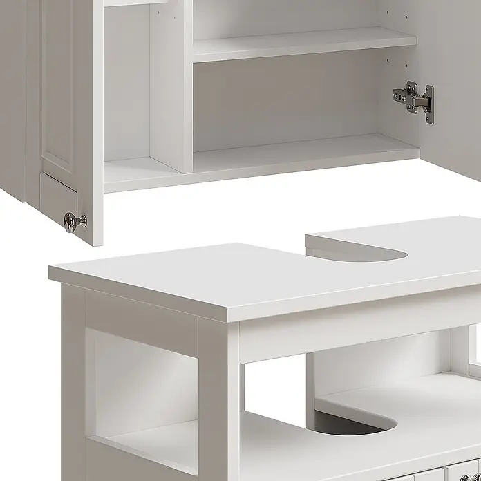 Vicco Badmöbel-Set Vanity Weiß 2 Teile - Weiß, Matt - Weißer Holz-Wandschrank mit offener Tür und Regalen, dazu ein Unterschrank mit U-förmigen Aussparungen und Ablagen.