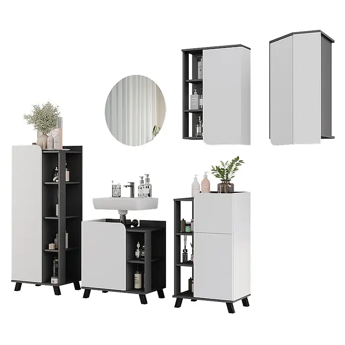 Vicco Badmöbel-Set Karen Anthrazit/Weiß 5 Teile - Anthrazit, Matt - Modernes Badezimmermöbelset in Weiß und Dunkelgrau: Hochschrank, Waschbeckenunterschrank, Sideboard und Hängeschränke, plus runder Spiegel.