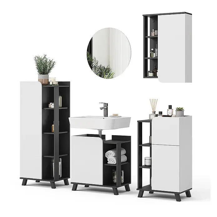 Vicco Badmöbel-Set Karen Anthrazit/Weiß 5 Teile - Anthrazit, Matt - Modernes schwarz-weißes Badezimmermöbel-Set mit Waschbecken, Schränken und rundem Spiegel.