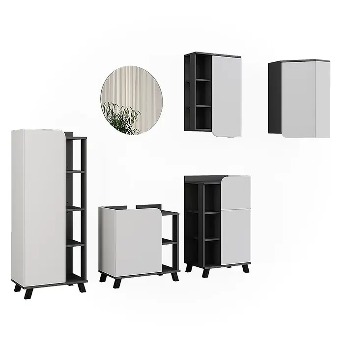 Vicco Badmöbel-Set Karen Anthrazit/Weiß 5 Teile - Anthrazit, Matt - Set moderner dunkelgrauer und weißer modularer Möbelstücke, darunter verschiedene Schränke, Regale und ein runder Spiegel.