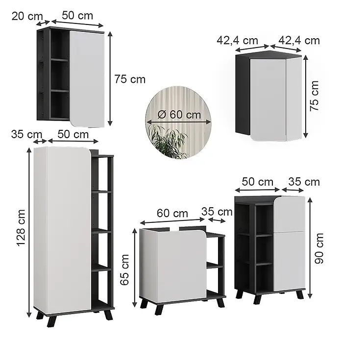 Vicco Badmöbel-Set Karen Anthrazit/Weiß 5 Teile - Anthrazit, Matt - Eine Kollektion modularer Aufbewahrungsmöbel und ein runder Spiegel, mit dunkelgrauen Rahmen und weißen Türen sowie Regalen.