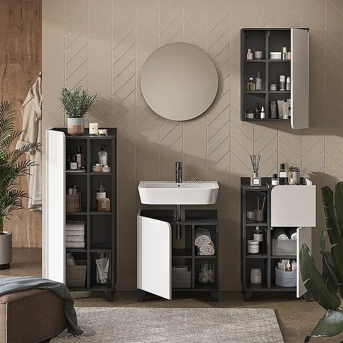 Vicco Badmöbel-Set Karen Anthrazit/Weiß 5 Teile - Anthrazit, Matt - Moderne dunkelgrau-weiße Badmöbel: ein hohes Regal, Waschtischunterschrank, kleiner Schrank und Wandschrank.