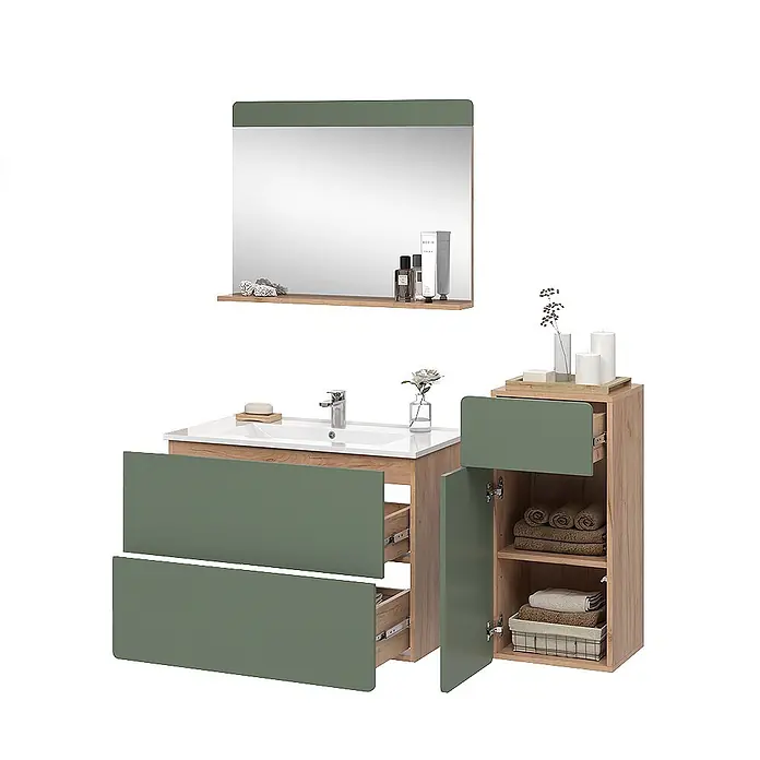 Vicco Badmöbel-Set Izan Goldkraft Eiche/Grün 4 Teile mit Midischrank - Goldkraft Eiche, Matt - Badezimmermöbel-Set in Salbeigrün und Holzoptik mit Waschbeckenunterschrank, Spiegel und Hochschrank.