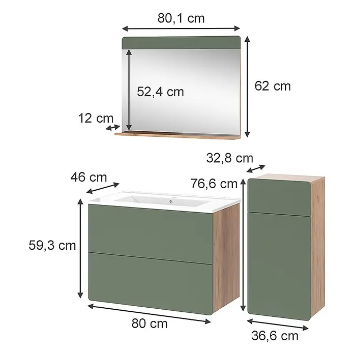 Vicco Badmöbel-Set Izan Goldkraft Eiche/Grün 4 Teile mit Midischrank - Goldkraft Eiche, Matt - Grünes und holzfarbenes Badezimmermöbel-Set mit Waschtisch, Waschbecken, Hochschrank und Spiegel mit Ablage.