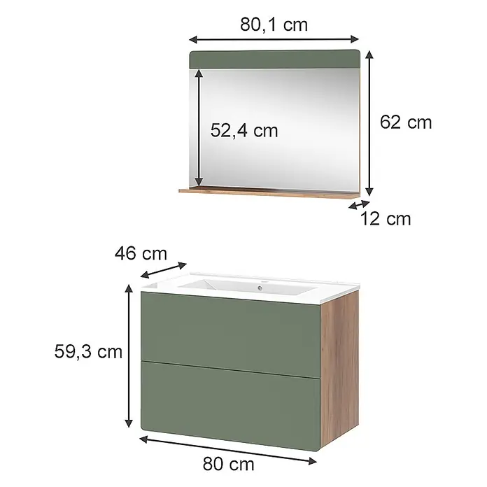 Vicco Badmöbel-Set Izan Goldkraft Eiche/Grün 3 Teile mit Spiegel - Goldkraft Eiche, Matt - Grüner und holzfarbener Badezimmerschrank mit weißem Waschbecken und passendem Spiegel mit Holzablage.