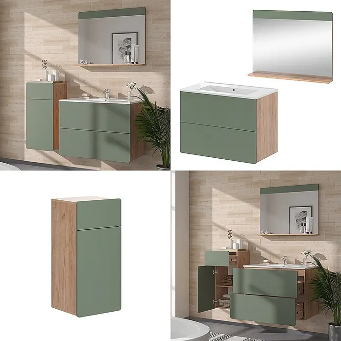Vicco Badmöbel-Set Izan Goldkraft Eiche/Grün 4 Teile mit Midischrank - Goldkraft Eiche, Matt - Grüner und holzfarbener Badezimmerschrank mit Waschbecken, passendem Hochschrank und Spiegel mit Ablage in modernem Badambiente.