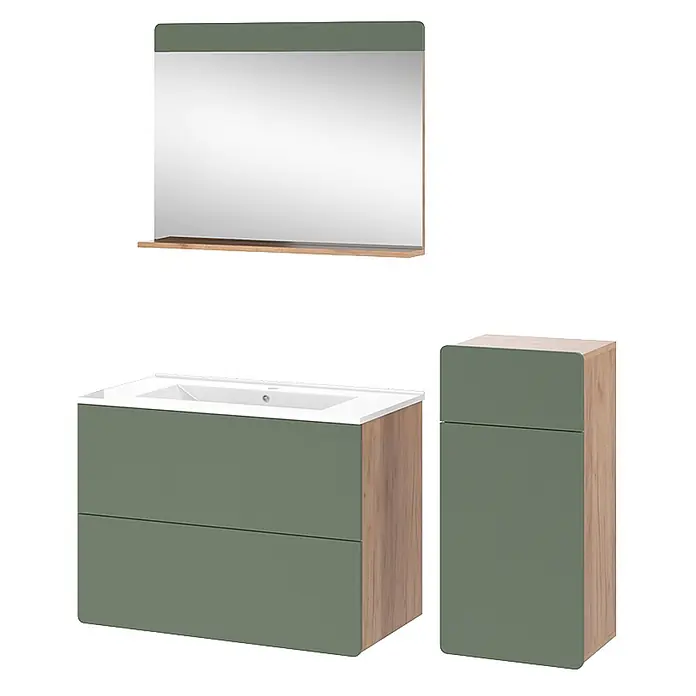 Vicco Badmöbel-Set Izan Goldkraft Eiche/Grün 4 Teile mit Midischrank - Goldkraft Eiche, Matt - Grüner und holzfarbener Badunterschrank mit Waschtisch, passendem Spiegel mit Ablage und hohem Schrank.