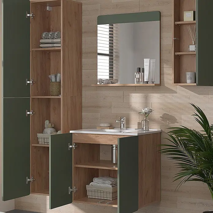 Vicco Badmöbel-Set Izan Goldkraft Eiche/Grün 5-teilig mit Hoch- und Hängeschrank - Goldkraft Eiche, Matt - Badezimmermöbel-Set mit Holzoptik-Schränken und dunkelgrünen Türen, Waschbecken, Spiegel und Hochschränken.