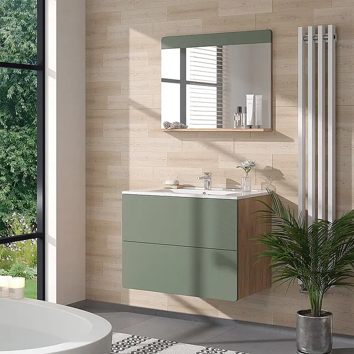 Vicco Badmöbel-Set Izan Goldkraft Eiche/Grün 3 Teile mit Spiegel - Goldkraft Eiche, Matt - Moderner grün-holzfarbener Badunterschrank mit Waschbecken, wandhängend in einem Badezimmer.