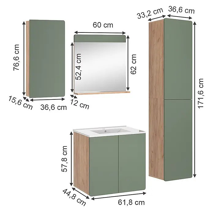 Vicco Badmöbel-Set Izan Goldkraft Eiche/Grün 5-teilig mit Hoch- und Hängeschrank - Goldkraft Eiche, Matt - Grün-hellholz Badezimmermöbel-Set mit Waschtisch, Spiegel und Schränken.