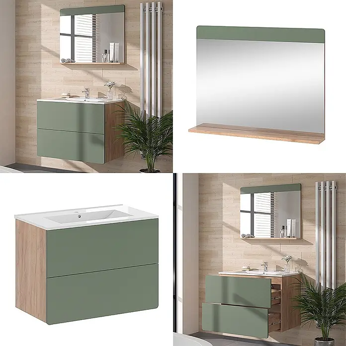 Vicco Badmöbel-Set Izan Goldkraft Eiche/Grün 3 Teile mit Spiegel - Goldkraft Eiche, Matt - Moderner grün-holzfarbener Badwaschtisch mit integriertem weißen Waschbecken und passendem Spiegel mit Holzablage.