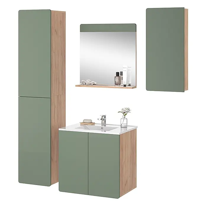 Vicco Badmöbel-Set Izan Goldkraft Eiche/Grün 5-teilig mit Hoch- und Hängeschrank - Goldkraft Eiche, Matt - Grün-holzfarbenes Badmöbelset: Waschtisch mit Waschbecken, Hochschrank, Spiegel, Wandschrank.