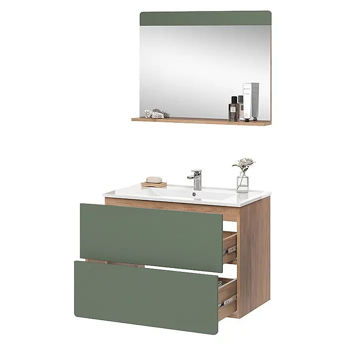 Vicco Badmöbel-Set Izan Goldkraft Eiche/Grün 3 Teile mit Spiegel - Goldkraft Eiche, Matt - Badezimmer-Waschtischunterschrank aus Holz mit grünen Schubladen und passendem Spiegel mit Ablage. Schubladen sind teilweise geöffnet.