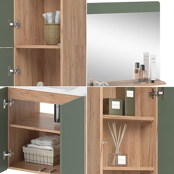 Vicco Badmöbel-Set Izan Goldkraft Eiche/Grün 5-teilig mit Hoch- und Hängeschrank - Goldkraft Eiche, Matt - Badezimmermöbel-Set in heller Holzoptik mit grünen Elementen, Waschtisch, Hochschrank und Spiegel.