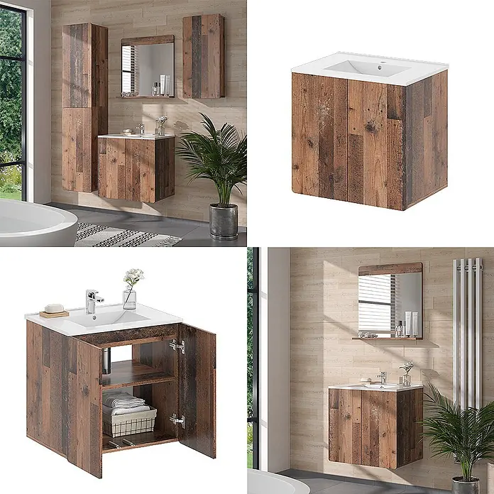 Vicco Badmöbel-Set Izan Oldstyle 2-teilig - Oldstyle, Matt - Rustikaler Holz-Badezimmer-Waschbeckenunterschrank mit weißem Waschbecken, in modernem Bad und mit Innenstauraum gezeigt.