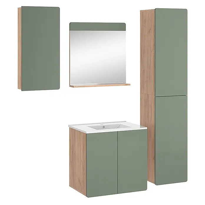 Vicco Badmöbel-Set Izan Goldkraft Eiche/Grün 5-teilig mit Hoch- und Hängeschrank - Goldkraft Eiche, Matt - Badezimmermöbel-Set in Salbeigrün und hellem Holz, mit Waschtischunterschrank, Spüle, Hochschrank, Wandschrank und Spiegel.