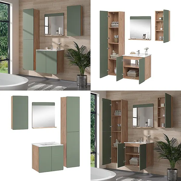 Vicco Badmöbel-Set Izan Goldkraft Eiche/Grün 5-teilig mit Hoch- und Hängeschrank - Goldkraft Eiche, Matt - Modernes Badmöbelset in Holzoptik und Grün, mit Hochschrank, Waschtisch mit Waschbecken, Spiegel und Wandschrank.