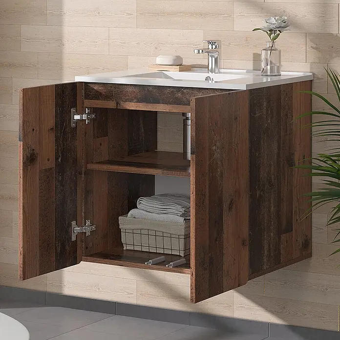 Vicco Badmöbel-Set Izan Oldstyle 2-teilig - Oldstyle, Matt - Wandmontierter Waschtisch aus dunklem Holz mit weißem Waschbecken, offene Türen zeigen Regale und Handtücher.