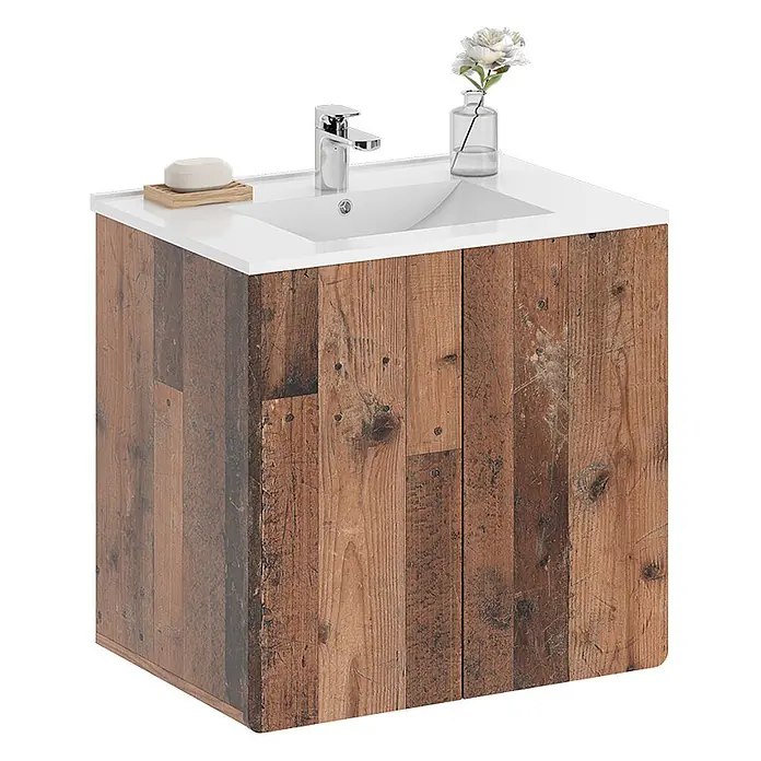 Vicco Badmöbel-Set Izan Oldstyle 2-teilig - Oldstyle, Matt - Badezimmermöbel mit weißem Keramikwaschbecken und Wasserhahn, integriert in einen rustikalen Holzunterschrank.