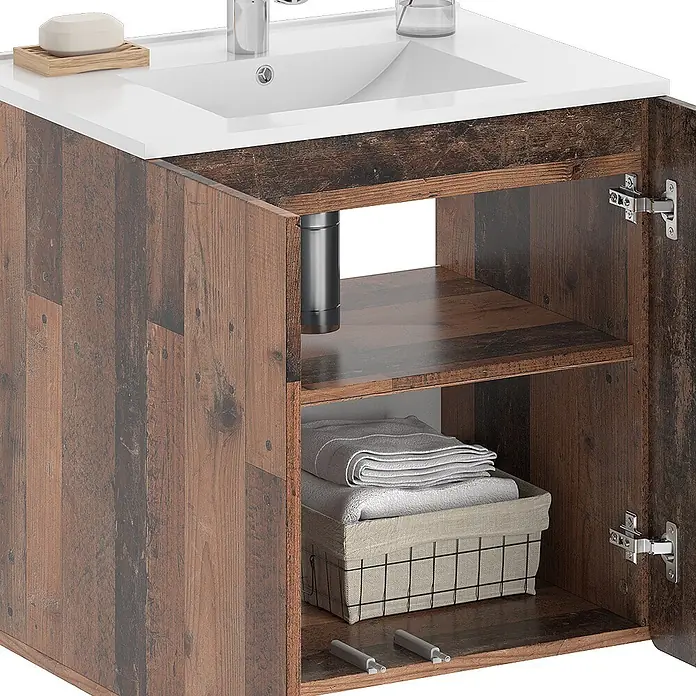 Vicco Badmöbel-Set Izan Oldstyle 2-teilig - Oldstyle, Matt - Rustikaler Waschtisch aus dunklem Holz mit weißem Waschbecken und offenen Ablageflächen.