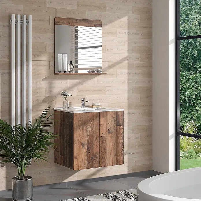 Vicco Badmöbel-Set Izan Oldstyle 2-teilig - Oldstyle, Matt - Schwebender Waschtisch aus rustikalem Holz mit weißem Becken, in einem modernen Badezimmer.