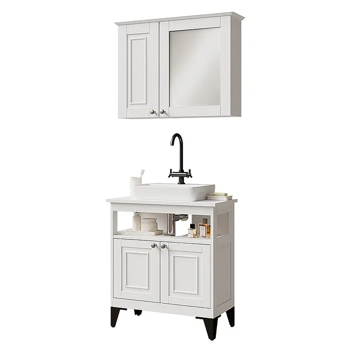 Vicco Badmöbel-Set Vanity Weiß 2 Teile - Weiß, Matt - Weißes Badezimmer-Waschtisch-Set mit Spiegelschrank und Bodenunterschrank mit Waschbecken und schwarzem Wasserhahn.
