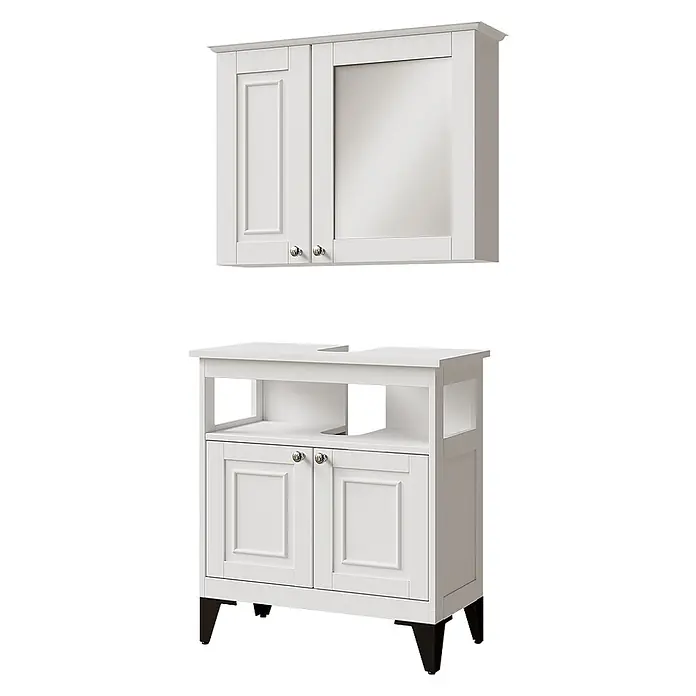 Vicco Badmöbel-Set Vanity Weiß 2 Teile - Weiß, Matt - Weißes Badmöbel-Set aus Holz mit Spiegelschrank oben und Waschtischunterschrank unten.