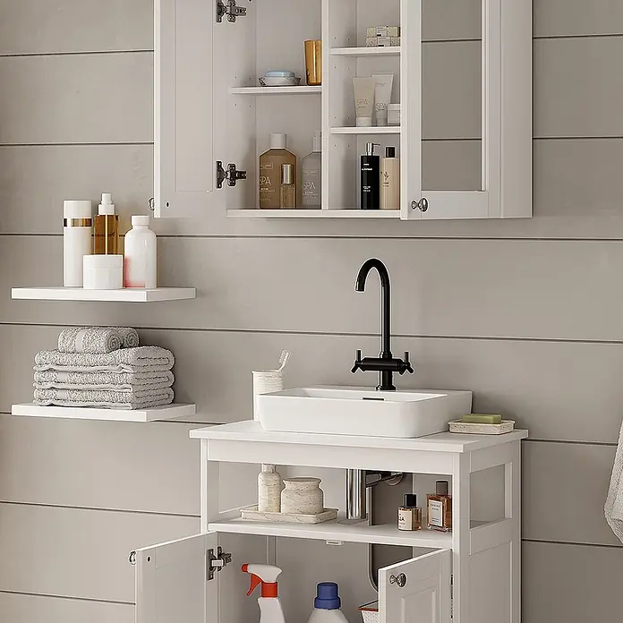 Vicco Badmöbel-Set Vanity Weiß 2 Teile - Weiß, Matt - Weißes Badschrank-Set aus Holz mit Spiegelschrank, Waschtisch und Wandregalen, für Toilettenartikel.