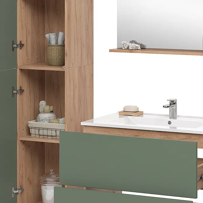 Vicco Badmöbel-Set Izan Goldkraft Eiche/Grün 5 Teile mit Hoch- und Midischrank - Goldkraft Eiche, Matt - Badezimmermöbel-Set mit salbeigrünen Fronten und hellem Holzkorpus, inkl. Waschtischunterschrank, Spiegel und Hochschrank.