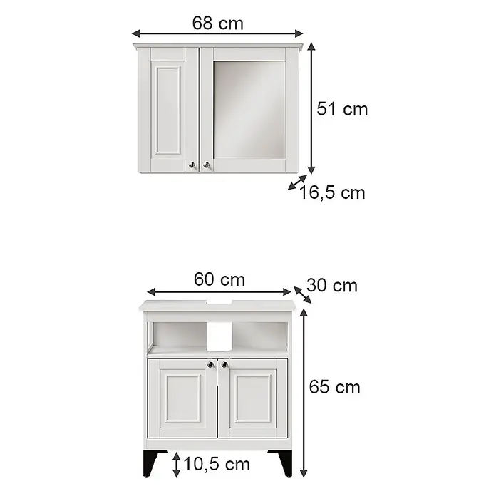 Vicco Badmöbel-Set Vanity Weiß 2 Teile - Weiß, Matt - Weißes zweiteiliges Badezimmerschrank-Set mit Spiegel und Waschtischunterschrank, Maße dargestellt.