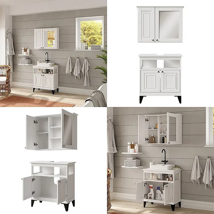 Vicco Badmöbel-Set Vanity Weiß 2 Teile - Weiß, Matt - Weißes Badmöbel-Set mit einem Waschbeckenunterschrank auf schwarzen Beinen, offenem Fach und passendem Spiegelschrank.