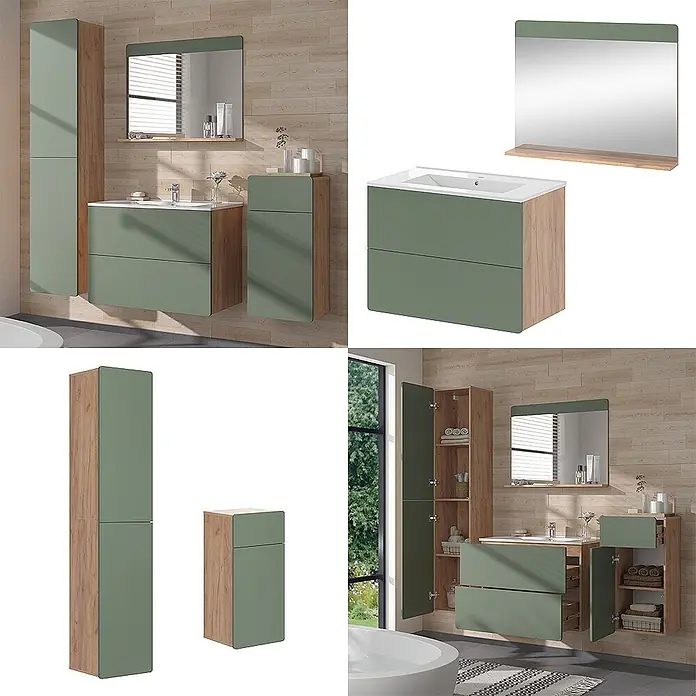Vicco Badmöbel-Set Izan Goldkraft Eiche/Grün 5 Teile mit Hoch- und Midischrank - Goldkraft Eiche, Matt - Badmöbel-Set in Salbeigrün und hellem Holz mit Waschtisch, Waschbecken, Spiegel und Lagerschränken.