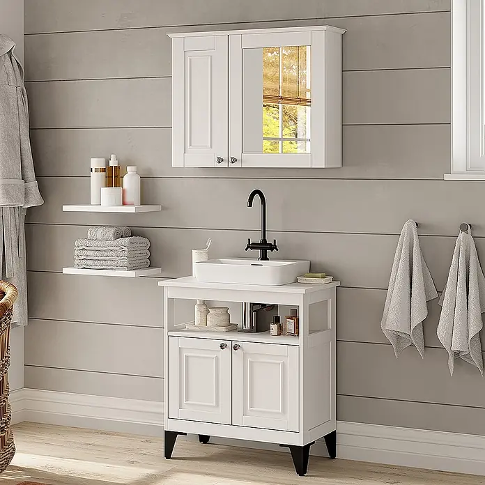 Vicco Badmöbel-Set Vanity Weiß 2 Teile - Weiß, Matt - Weißer Badezimmer-Waschtisch mit Aufsatzwaschbecken, schwarzem Wasserhahn und passendem Spiegelschrank.