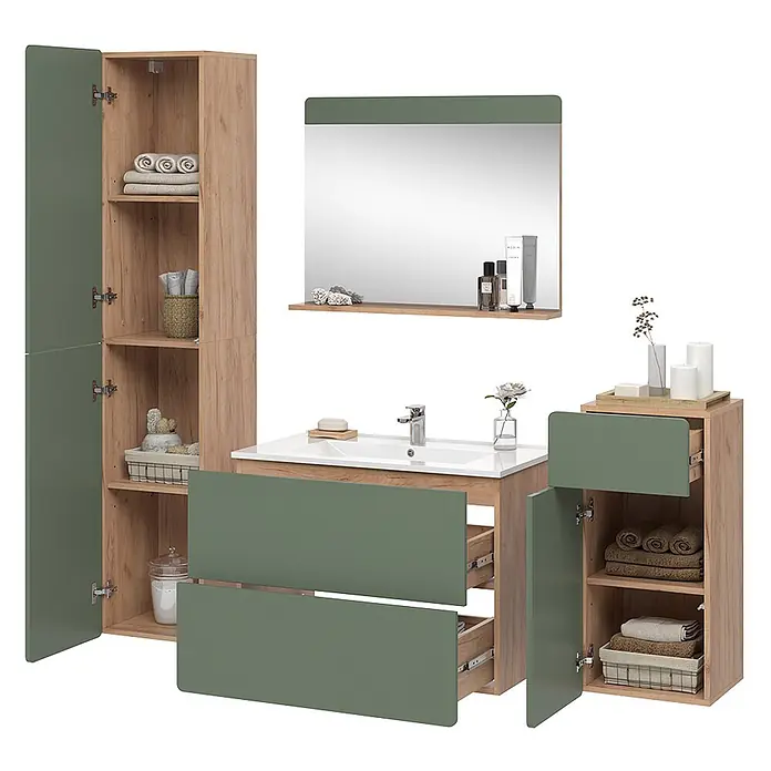 Vicco Badmöbel-Set Izan Goldkraft Eiche/Grün 5 Teile mit Hoch- und Midischrank - Goldkraft Eiche, Matt - Badmöbel-Set: heller Eichenholzrahmen, salbeigrüne Fronten. Enthält Hochschrank, Waschtisch mit Waschbecken, Spiegel und Stauraumschrank.