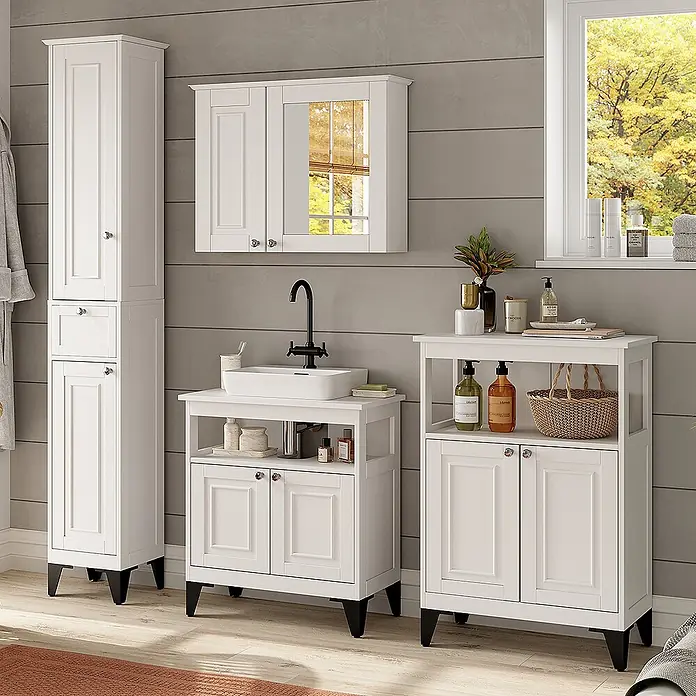 Vicco Badmöbel-Set Vanity Weiß 4 Teile - Weiß, Matt - Weißes Badmöbelset mit Hochschrank, Waschtisch mit Waschbecken und Unterschrank.