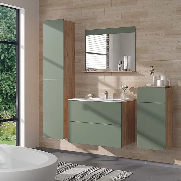 Vicco Badmöbel-Set Izan Goldkraft Eiche/Grün 5 Teile mit Hoch- und Midischrank - Goldkraft Eiche, Matt - Salbeigrünes, wandmontiertes Badmöbelset mit Holzdetails, bestehend aus Waschtischunterschrank, Hochschrank und Beistellschrank.