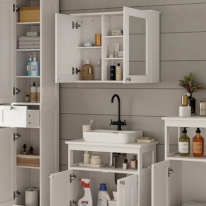 Vicco Badmöbel-Set Vanity Weiß 4 Teile - Weiß, Matt - Weißes Badschrank-Set mit Waschbecken, zeigt organisierte Toilettenartikel und Handtücher.