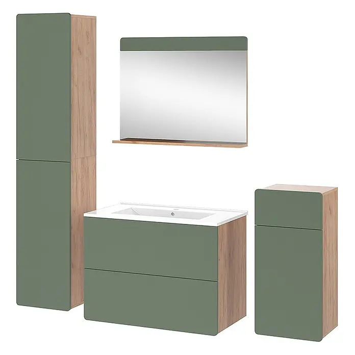 Vicco Badmöbel-Set Izan Goldkraft Eiche/Grün 5 Teile mit Hoch- und Midischrank - Goldkraft Eiche, Matt - Badezimmermöbel-Set: grünen Fronten, Eichenholz-Optik. Hochschrank, Waschtisch, Beistellschrank, Spiegel mit Ablage.