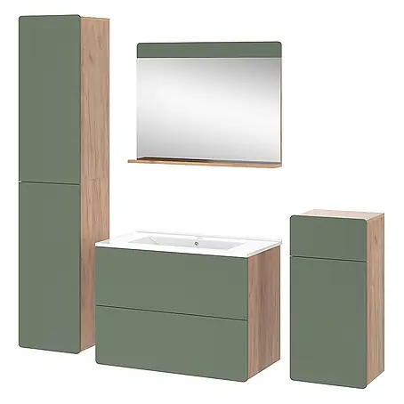 Vicco  Badmöbel-Set Izan Goldkraft Eiche/Grün 5 Teile mit Hoch- und Midischrank