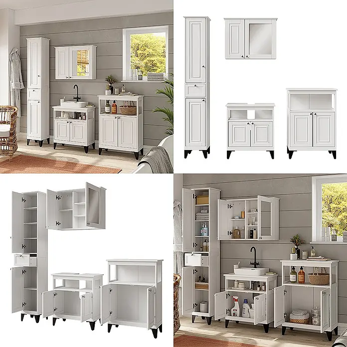 Vicco Badmöbel-Set Vanity Weiß 4 Teile - Weiß, Matt - Weißes Badmöbelset aus Holz mit Hochschrank, Spiegelschrank, Waschtischunterschrank und einem Bodenschrank.