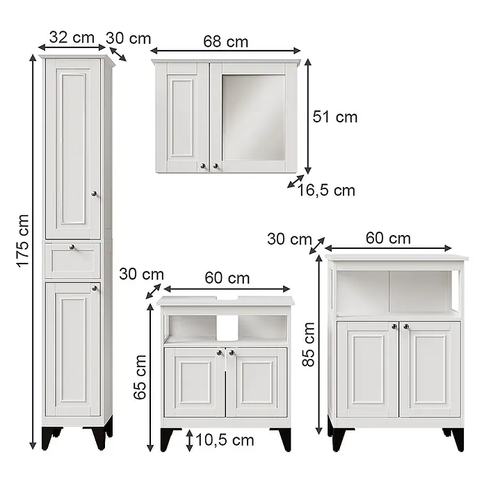 Vicco Badmöbel-Set Vanity Weiß 4 Teile - Weiß, Matt - Weißes Badmöbel-Set mit Hochschrank, Spiegelschrank und zwei Unterschränken, inklusive Maßen.
