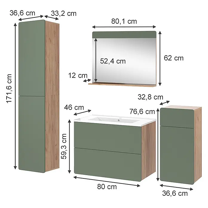 Vicco Badmöbel-Set Izan Goldkraft Eiche/Grün 5 Teile mit Hoch- und Midischrank - Goldkraft Eiche, Matt - Grünes und holzfarbenes Badmöbelset: Hochschrank, Waschtisch mit Waschbecken, Spiegel mit Ablage und kleiner Beistellschrank, alle bemaßt.