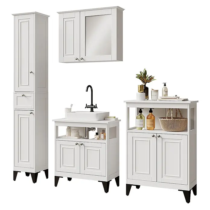 Vicco Badmöbel-Set Vanity Weiß 4 Teile - Weiß, Matt - Weißes Badezimmermöbel-Set: Hochschrank, Spiegelschrank, Waschtischunterschrank, Beistellschrank.