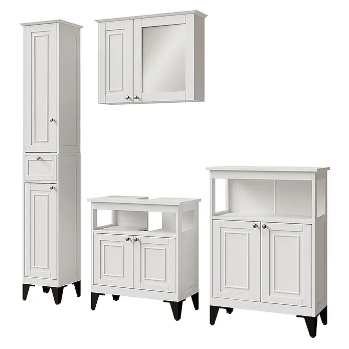 Vicco Badmöbel-Set Vanity Weiß 4 Teile - Weiß, Matt - Weißes Badezimmermöbelset mit Hochschrank, Spiegelschrank, Waschtischunterschrank und Aufbewahrungsschrank.