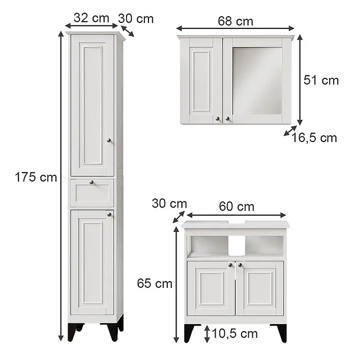 Vicco Badmöbel-Set Vanity Weiß 3 Teile - Weiß, Matt - Weißes Badezimmermöbel-Set aus Holz: Hochschrank, Spiegelschrank und Waschtischunterschrank.