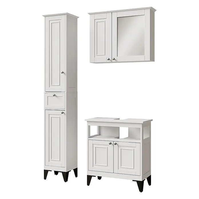 Vicco Badmöbel-Set Vanity Weiß 3 Teile - Weiß, Matt - Weißes Badezimmermöbel-Set mit hohem Schrank, Spiegelschrank und Waschtischunterschrank.