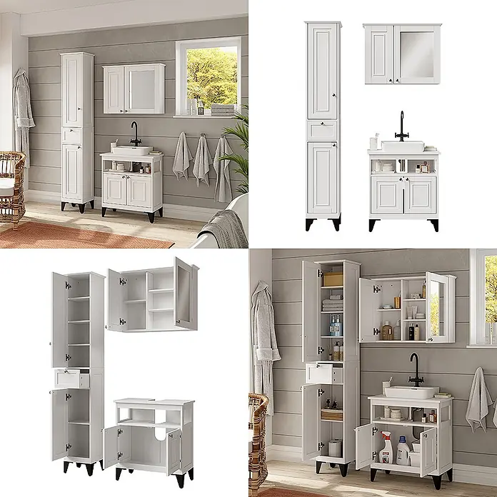 Vicco Badmöbel-Set Vanity Weiß 3 Teile - Weiß, Matt - Weißes Badmöbelset mit Hochschrank, Spiegelschrank und Waschtischunterschrank mit Waschbecken, in einem modernen Badezimmer.